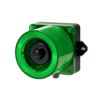 Combinacion de baliza LED color Verde y sirena electrónica de 31 tonos resistente a la intemperie de volumen máx. 123 dB a 12-24 VCD | QWCD50-012024-G-LC