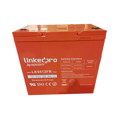 Batería 12 V / 55 Ah / UL / Tecnología AGM-VRLA / Vida útil promedio de 5 años / Retardo a la flama / Para uso en equipo electrónico, Alarmas de Intrusión / Incendio/ Control de acceso / Video Vigilancia / Termina | LK5512FR