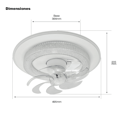 Ventilador de Techo con Luminario LED de 110 V CA 50/60 Hz /  88 W / 3 Tonos de Luz (6500 - 4 000 - 2 700 K) / Con giro 360° / Diámetro 495 mm / 6 Velocidades / Dimeable. | JLV-028