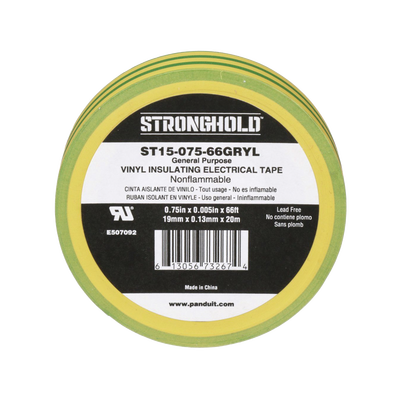 Cinta Eléctrica STRONGHOLD para Aislar, de PVC, Uso Construcción General en Tierras Físicas, Grosor de 0.13 mm (5 mil), Ancho de 19.05 mm, y 20.12 m de Largo, Color Amarillo/Verde. | ST15-075-66-GRYL