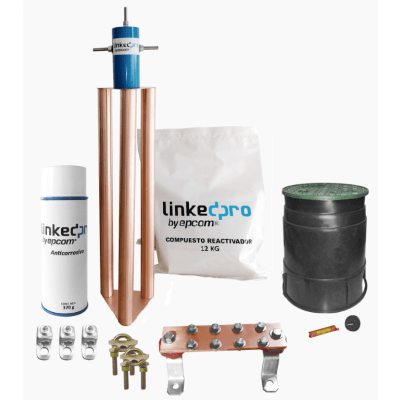 Kit Puesta a Tierra 200A / Electrodo Cobre Electrolítico / Diseño Delta / Filtro Equipotencial / Compuesto 12 kg / Barra Unión + Conectores + Registro | LPGROUND200AKIT