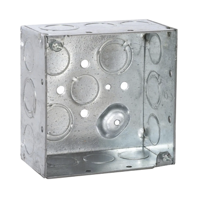 Caja Cuadrada Galvanizada  de 4" x 4", profundidad de 2 1/8". Cuenta con 10 KO de 1/2" y 6 TKO (1/2" - 3/4")) | HUB-232