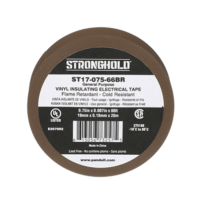 Cinta Eléctrica STRONGHOLD para Aislar, de PVC, Uso General Reparación y Mantenimiento, Grosor de 0.18mm (7 mil), Ancho de 19mm, y 20.12m de Largo, Color Café | ST17-075-66BR