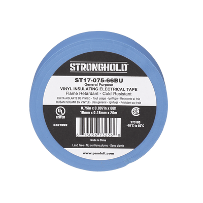 Cinta Eléctrica STRONGHOLD para Aislar, de PVC, Uso General Reparación y Mantenimiento, Grosor de 0.18mm (7 mil), Ancho de 19mm, y 20.12m de Largo, Color Azul | ST17-075-66BU