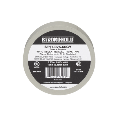 Cinta Eléctrica STRONGHOLD para Aislar, de PVC, Uso General Reparación y Mantenimiento, Grosor de 0.18mm (7 mil), Ancho de 19mm, y 20.12m de Largo, Color Gris | ST17-075-66GY