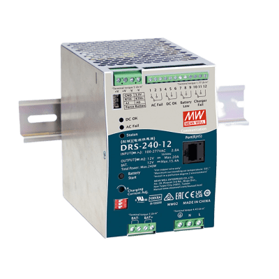 Fuente de Poder Industrial de 240W con Cargador de Baterías, salida 12Vcc, 20A, para montaje Riel Din | DRS24012