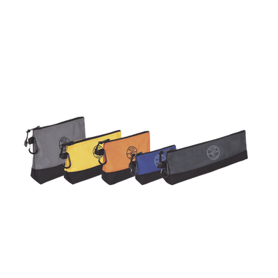 KIT 5 Bolsos Ultra Resistentes para Herramientas con Base y cierre Zipper, Colores: gris claro, amarillo, naranja, azul, gris oscuro. Todos con Mosquetones de Aluminio. | 55569
