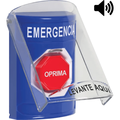 ​Botón Multipropósito, Color Azul, De Superficie, Con Tapa De Policarbonato, Con Bocina Pre Alarma, Solo Interior, Llave Para Restablecer, Texto De Emergencia, Español | SS24A2EM-ES