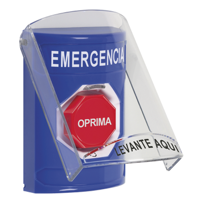 Botón Multipropósito, Color Azul, De Superficie, Con Tapa De Policarbonato, Sin Bocina Prealarma, Para Interior, Girar Para Restablecer, Texto De Emergencia, Español | SS2429EM-ES