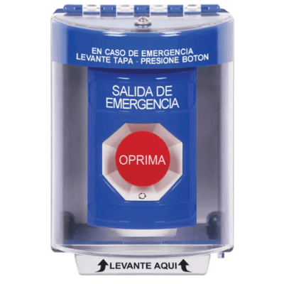 Botón Multipropósito, Color Azul, De Superficie, Con Tapa De Policarbonato, Sin Bocina, Para Interior/Exterior, Llave Para Restablecer, Texto Salida De Emergencia, Español | SS2471EX-ES