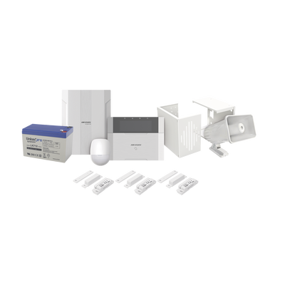 KIT Panel de Alarma AX HYBRID PRO / 1 Panel Híbrido / 1 Monitor LCD / 2 PIR / 3 Contactos Magnéticos / 1 Sirena / 1 Gabinete para Sirena / 1 Batería 12 vcc 7 Amp | DS-PHA64-LP/PLUS