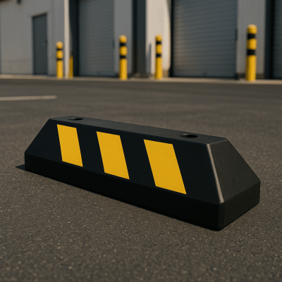 Tope D/ Estacionamiento Vehicular / Hule Reciclado / 55cm / Color Negro con Franjas Amarillas / Resistente y Antideslizante. | AC55TV-2