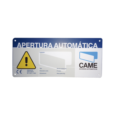 Letrero de Aviso Peligro para puertas automáticas CAME | 119-R224E