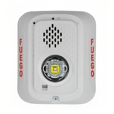 Sirena con Lámpara LED Estroboscópica / a 2 Hilos / Montaje en Pared / 24 Vcd / Configuración Estroboscópica Seleccionable / Texto en Español / Color Blanca | P2WLEDSP