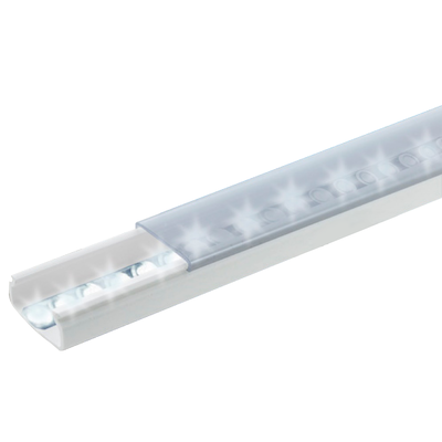 Difusor para tira LED con tapa transparente de PVC auto extinguible, ideal para colocar iluminación, 20 x 10mm, tramo de 1.53 m con cinta Autoadherible. | TMK-1020-TP2