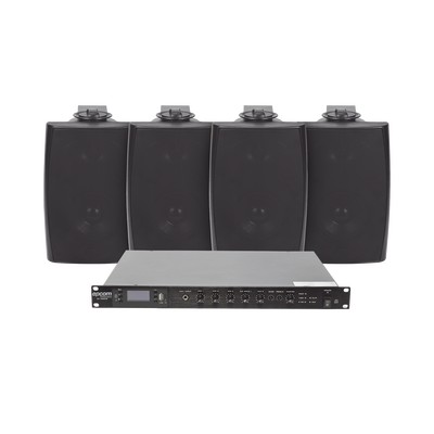 KIT de Amplificador de Audio 120W para Rack | 4 Altavoces de Pared color Negro 2.5W - 20W | Sistema 70/100V | SF120DTB/4WS