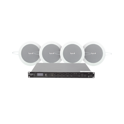 KIT de Amplificador de 120W para Rack | 4 Altavoces de Plafón de 4in | 3 - 6W | Sistema 70/100V | SF120DTB/4CS