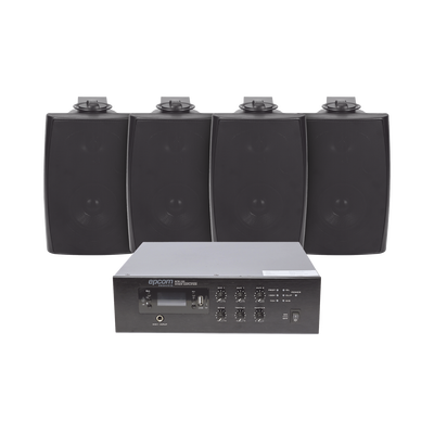 KIT de Amplificador de 120W para Escritorio | 4 Altavoces de Pared color Negro 2.5W - 20W | Sistema 70/100V | SFB120/4WS