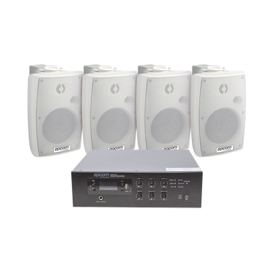 KIT de Amplificador de 120W para Escritorio | 4 Altavoces de Pared color Blanco 2.5W - 20W | Sistema 70/100V | SFB120/4WSW