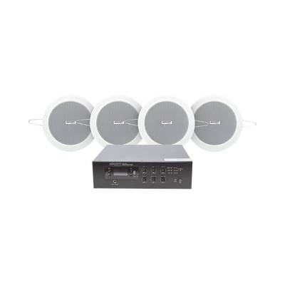 KIT de Amplificador de 120W para Escritorio | 4 Altavoces de Plafón de 4in | 3 - 6W | Sistema 70/100V | SFB120/4CS