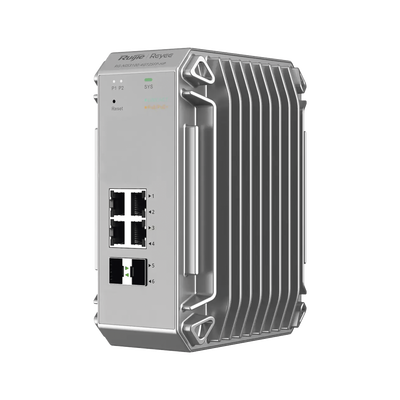 Switch Industrial PoE hasta , Ideal para temperaturas Extremas y protección contra descargas, 4 Puertos Gigabit PoE 802.3 af/at, 2 puertos SFP Administrable Cloud | RG-NIS3100-4GT2SFP-HP