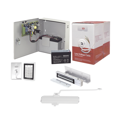 Sistema Completo de Acceso, Incluye Teclado Anti-Vandalico, Chapa magnética con bracket, Cierra puerta, Botón de Salida, Cable " Gratis ", y fuente profesional con Batería | ACCESSKIT11P