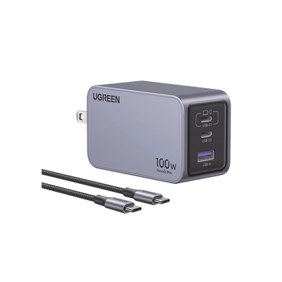 Cargador de 100W serie Nexode Pro | 3 Puertos de Carga Rápida | 2 USB-C | 1 USB-A | Tecnología GaNInfinity | PD3.1 de 100W / QC4.0 | Tecnología de Protección Térmica | Optimiza la Carga | Caja de Aluminio | Incluye Cable | 25873