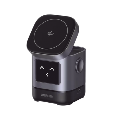 Cargador Inalámbrico Robot 2 en 1 UGREEN Qi2 / 15W Ultra Rápido para iPhone / 5W para AirPods / Pantalla Inteligente con Expresiones / Imanes N48H / Puerto USB-C 5W para Apple Watch / Compatibilidad MPP | 45775