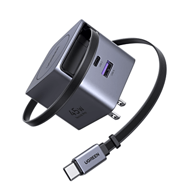 Cargador Rápido UGREEN 45W GaN / Cable Retráctil 0.7m / 3 Puertos USB-C + USB-A / Tecnología GaNInfinity 95% Eficiencia / 8 Capas Protección / Carga Simultánea 3 Dispositivos / Compacto para Viajes | 65821