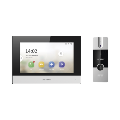 Kit de Videoportero Híbrido de Plastico / IP a 4 Hilos con Función de Llamada a App Hik-Connect / Monitor se Conecta a Internet por Cable o WiFi y por 4 Hilos al Frente de Calle / Expandible a Mas Equipos | DS-KIS302-P
