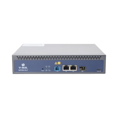 OLT de 1 puerto GPON SC/UPC + 3 puertos Uplink (2 puertos Gigabit Ethernet + 1 puerto SFP/SFP+), Fuente de alimentación redundante AC/DC , hasta 128 ONUS | V1600GS-F