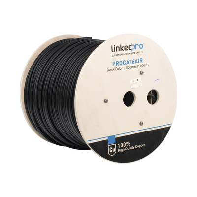 Bobina de Cable FTP con Mensajero de Acero de 305 Metros (1000 Pies) Cat6+ Calibre 23, Color Negro, para Aplicaciones en Video Vigilancia y Redes de Datos / Uso en Intemperie y Aplicaciones Aéreas | PRO-CAT-6-AIR