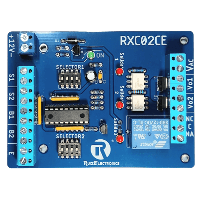 Controlador de Esclusas 2 Puertas / Alimentación 12VDC / Temporizadores Programables 0-30 seg / Entradas NC y NA / Salidas de Pulso 2 seg / Función Emergencia | RXC02CE