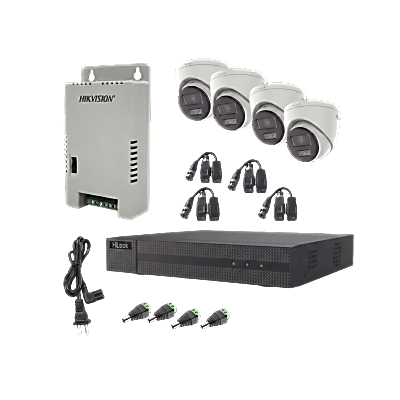 Kit HiLook Audio Bidireccional TurboHD 1080p / DVR Metalico 4 Canales / 4 Cámaras Eyeball (Exterior) con Bocina y Microfóno Integrado / 1 Fuente de Poder / Accesorios | HL-2080P-4E-TWA