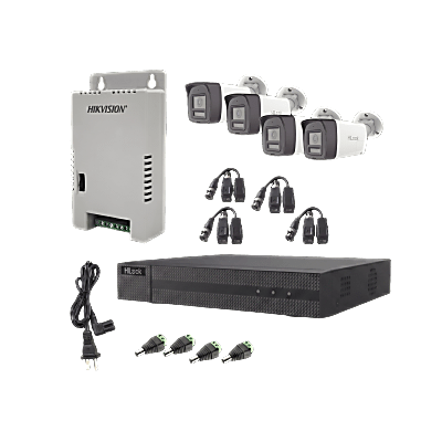 Kit HiLook Audio Bidireccional TurboHD 1080p / DVR Metalico 4 Canales / 4 Cámaras Bala (Exterior) con Bocina y Micrófono Integrado / 1 Fuente de Poder / Accesorios | HL-2080P-4B-TWA