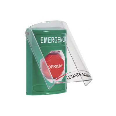 ​​Botón Multipropósito, Color Verde, De Superficie, Con Tapa De Policarbonato, Con Bocina Pre Alarma, Solo Interior, Llave Para Restablecer, Texto De Emergencia, Español | SS21A2EM-ES