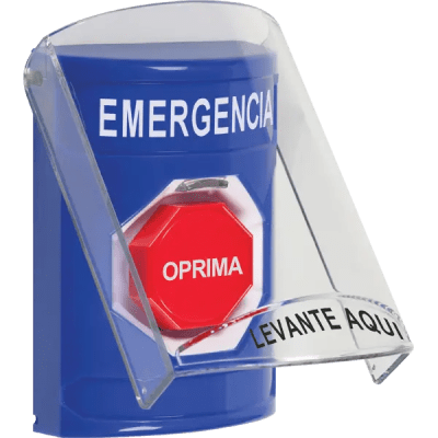 ​Botón Multipropósito, Color Azul, De Superficie, Con Tapa De Policarbonato, Sin Bocina Pre Alarma, Solo Interior, Llave Para Restablecer, Texto De Emergencia, Español | SS2422EM-ES