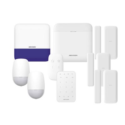 (AX PRO) KIT de Alarma AX PRO / Incluye: 1 Hub con batería de respaldo/ 2 Sensores PIR / 3 Contactos Magnéticos mini / 1 Control Remoto / 1 Sirena Inalambrica Exterior /1 Teclado Inalámbrico / WiFi / Compatible con Hik-Connect P2P | DS-PWA48-FULL-K