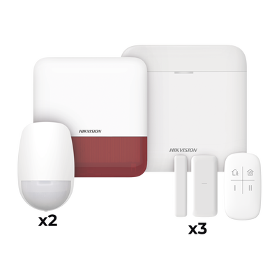 (AX PRO) KIT de Alarma AX PRO / Incluye: 1 Hub con batería de respaldo / 2 Sensores PIR / 3 Contactos Magnéticos mini / 1 Control Remoto / 1 Sirena Inalambrica Exterior color rojo  / WiFi / Compatible con Hik-Connect P2P | DS-PWA48-KV2(R)