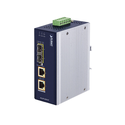 Convertidor de Medios Industrial de 2 Puertos SFP 100/1000X a 2 Puertos RJ45 10/100/1000T 802.3bt PoE++ | IGUP-2205AT