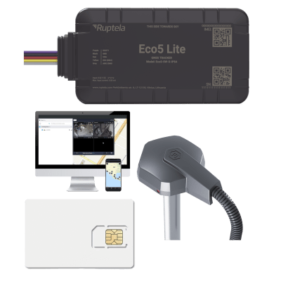 Rastreador Vehicular y Monitoreo de Flota / BLE 5.0 y GNSS / LTE CAT1 y LTE-M con Respaldo 2G / GNSS U-blox / MiKado IP54 / -20 °C a +40 °C / Acelerómetro de 3 Ejes / Suministro 9-32 V / Batería Interna | ECO5LITEKITFUEL2