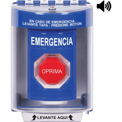 ​Botón Multipropósito, Color Azul, De Superficie con Espaciador, C/Tapa De Policarbonato, C/Bocina Pre Alarma, Interior/Exterior, Llave Para Restablecer, Texto De Emergencia, Español | SS2482EM-ES