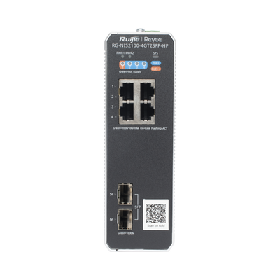 Switch Industrial PoE+ hasta 180 watts , Ideal para temperaturas Extremas y protección contra descargas, 1 puerto PoE++ 60W y 3 puertos PoE+ 30W, 2 SFP Uplink | RG-NIS2100-4GT2SFP-HP