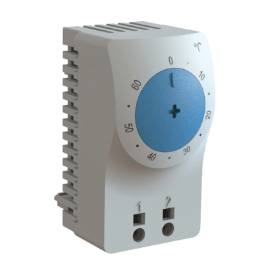 Termostato/Interruptor Para Control de Temperatura en Grados Celsius, Para Uso con Ventiladores, Con Terminales de Conexión, y Clip para Riel Din de 35 mm, Color Gris Claro | ATEMNOC
