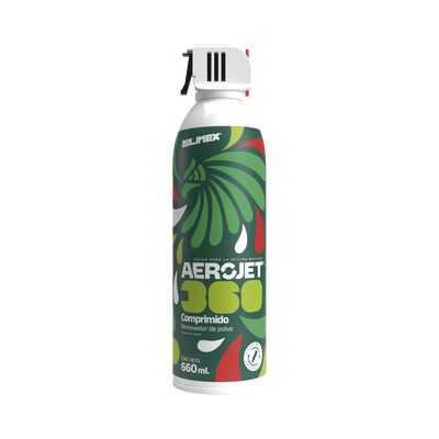 Removedor de polvo y residuos (aire comprimido) con aplicación 360º para limpieza de equipos electrónicos, válvula anti-estallamiento, 660 ml | AEROJET360-MEX