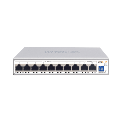 Switch PoE / Administración en la nube / Con 8 puertos 10/100 Mbsp PoE af/at / 2 Puertos Uplink 10/100/1000 Mbps /  Presupuesto 100 W / PoE hasta 250 metros / Soporta protocolo ONVIF | WI-PCES210G
