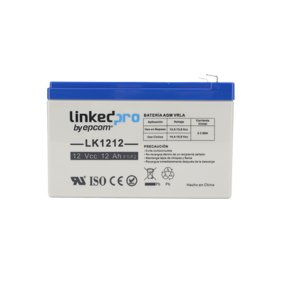Batería de respaldo 12 V |  12 Ah |  AGM | Especial para Seguridad Electrónica | Vida útil 5 años | Terminales F1  + Adaptador F2 | LK1212