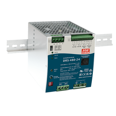 Fuente de Poder Industrial de 480W con Cargador de Baterías, salida 24Vcc, 20A, para montaje Riel Din | DRS48024