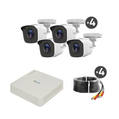 Kit TurboHD 720p / DVR 4 canales / 4 Cámaras Bala de Metal / 4 Cables 18 Mts / H.265+ / 1 Fuente de Poder Profesional / Accesorios de Instalación | KIT7204BM(C)