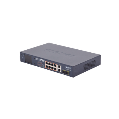 Switch PoE+ / Distancia 250 Metros / 8 Puertos + 2 Combo TP/SFP Gigabit y Pantalla LCD Para Monitoreo | FGSD-1022VHP